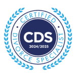 A blue and white seal that says certified divorce specialist